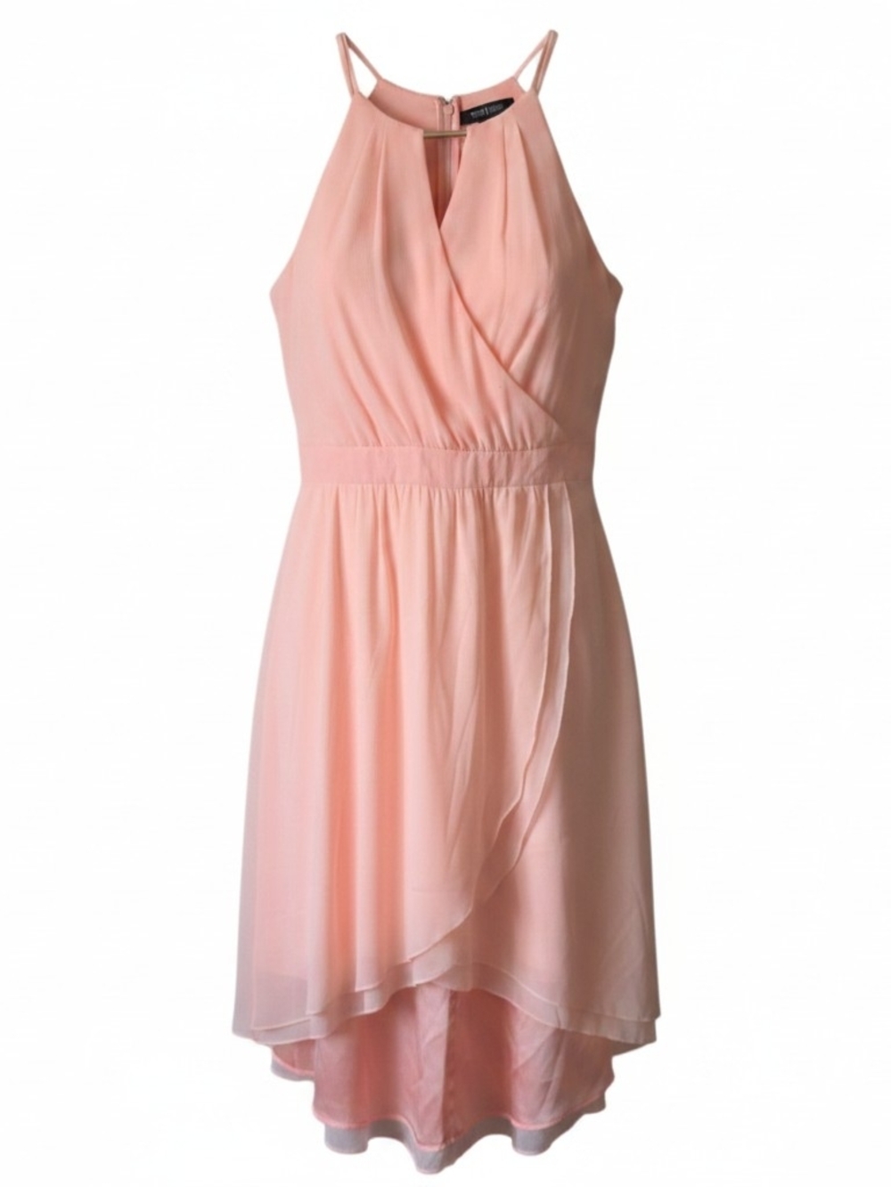 WHITE HOUSE BLACK MARKET |Peach Chiffon Halter High Low Gold Accent Dress | 14